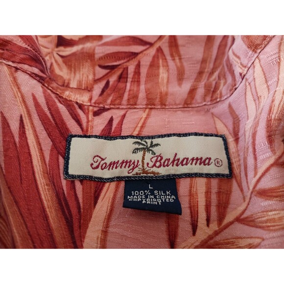 TOMMY BAHAMA Size Large 100% Silk Pink Large Palms Mens Hawaiian Camp Shirt - Picture 2 of 8